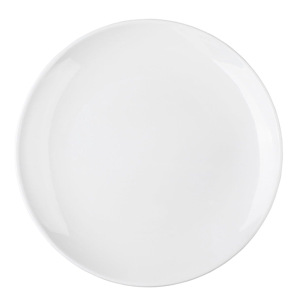 A plain, round, white ceramic plate is shown from above on a white background. The plate is empty, smooth, and has a slight rim around the edge, resembling a classic Sierra Collection Serving Platter with a simple and clean appearance.