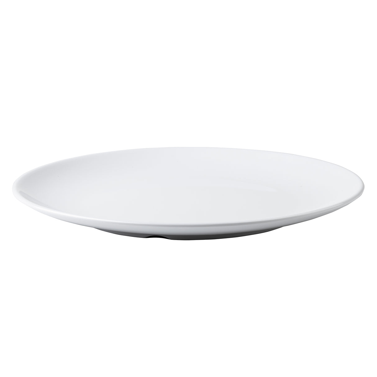 A plain, round, white ceramic plate with a smooth surface and slightly raised edges, reminiscent of the simple elegance found in the Sierra Collection Serving Platter. Photographed from a slight angle to highlight its minimalist design.