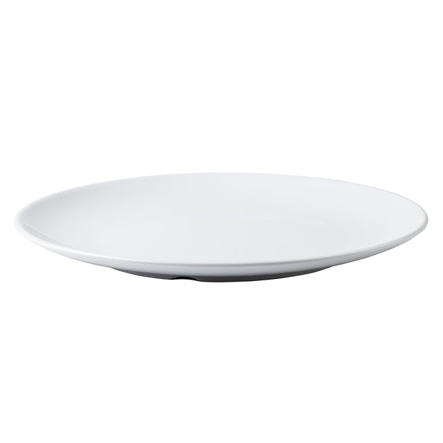 A plain, round, white ceramic plate with a smooth surface and slightly raised edges, reminiscent of the simple elegance found in the Sierra Collection Serving Platter. Photographed from a slight angle to highlight its minimalist design.