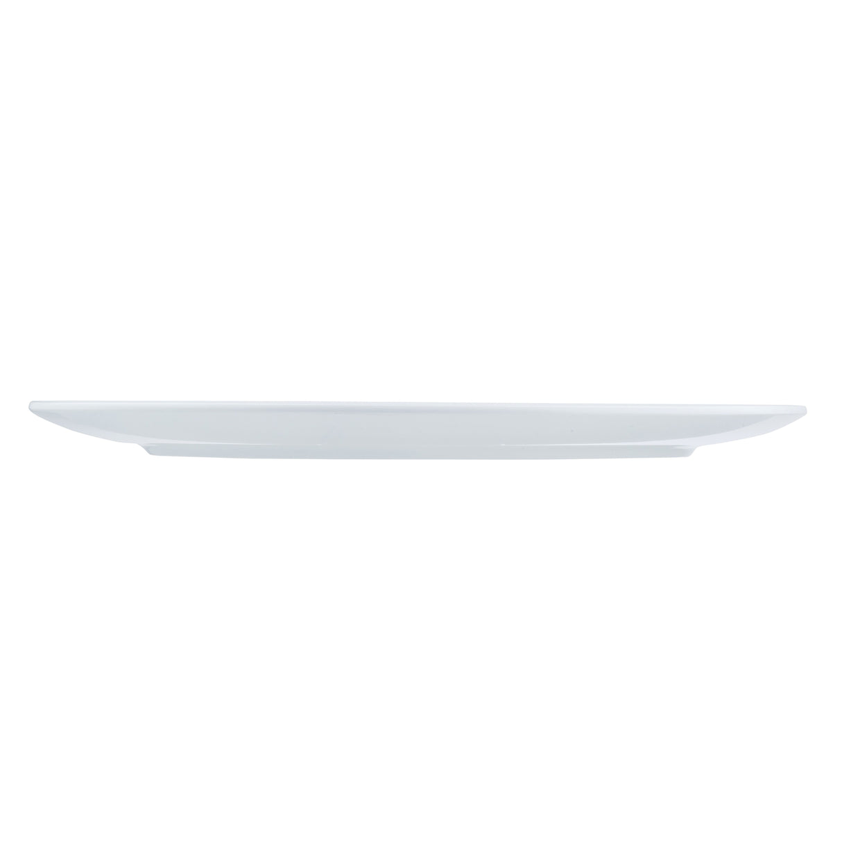 A plain, empty, white melamine serving platter is shown from the side. The platter is flat with slightly upturned edges and sits on a white background. Its minimalist design emphasizes a clean, smooth surface and modern appeal.