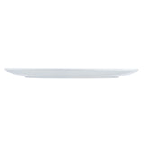A plain, empty, white melamine serving platter is shown from the side. The platter is flat with slightly upturned edges and sits on a white background. Its minimalist design emphasizes a clean, smooth surface and modern appeal.