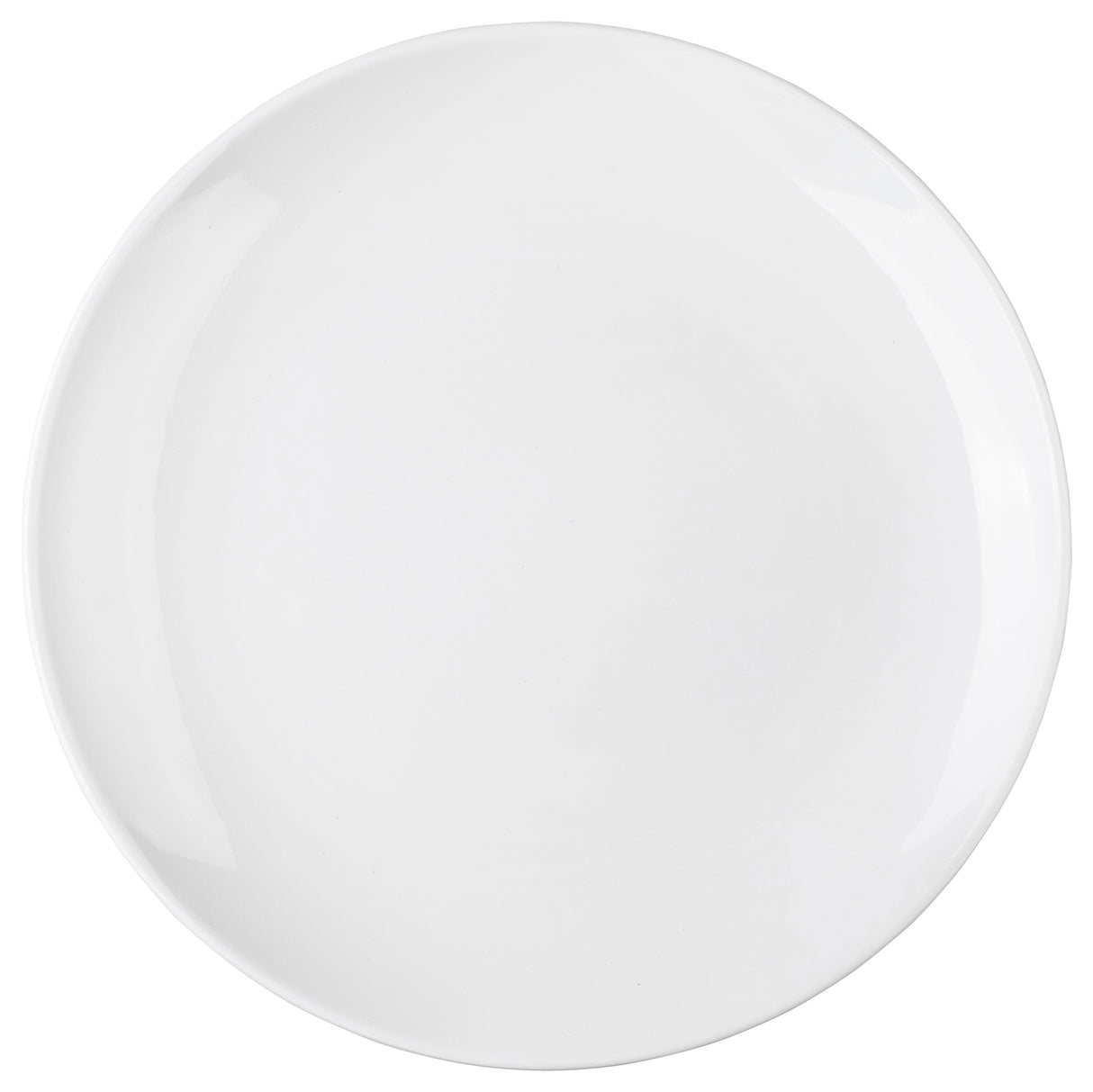 A plain, round white ceramic plate from the Sierra Collection is seen from above against a white background. The serving platter is empty, with smooth edges and a glossy finish, and has no patterns or decorations.