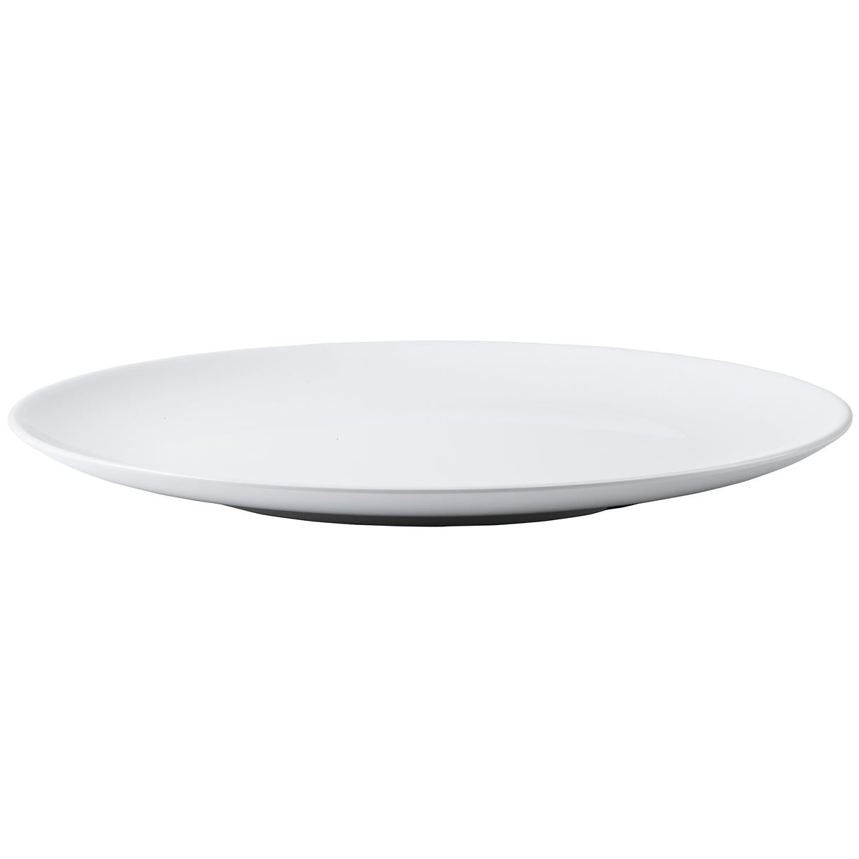 A plain, round white ceramic serving platter with a smooth surface and slightly raised edges, shown from a slight angle against a white background. The platter is empty and features a simple, minimalist design.