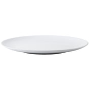 A plain, round white ceramic serving platter with a smooth surface and slightly raised edges, shown from a slight angle against a white background. The platter is empty and features a simple, minimalist design.