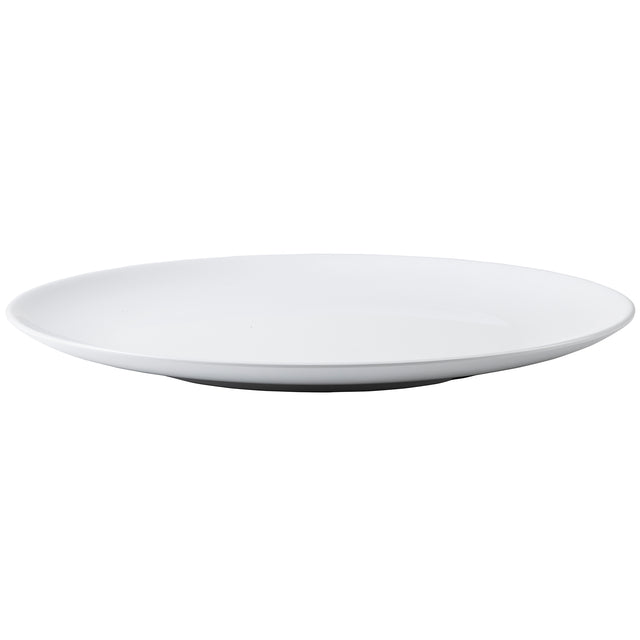 A plain, round white ceramic serving platter with a smooth surface and slightly raised edges, shown from a slight angle against a white background. The platter is empty and features a simple, minimalist design.