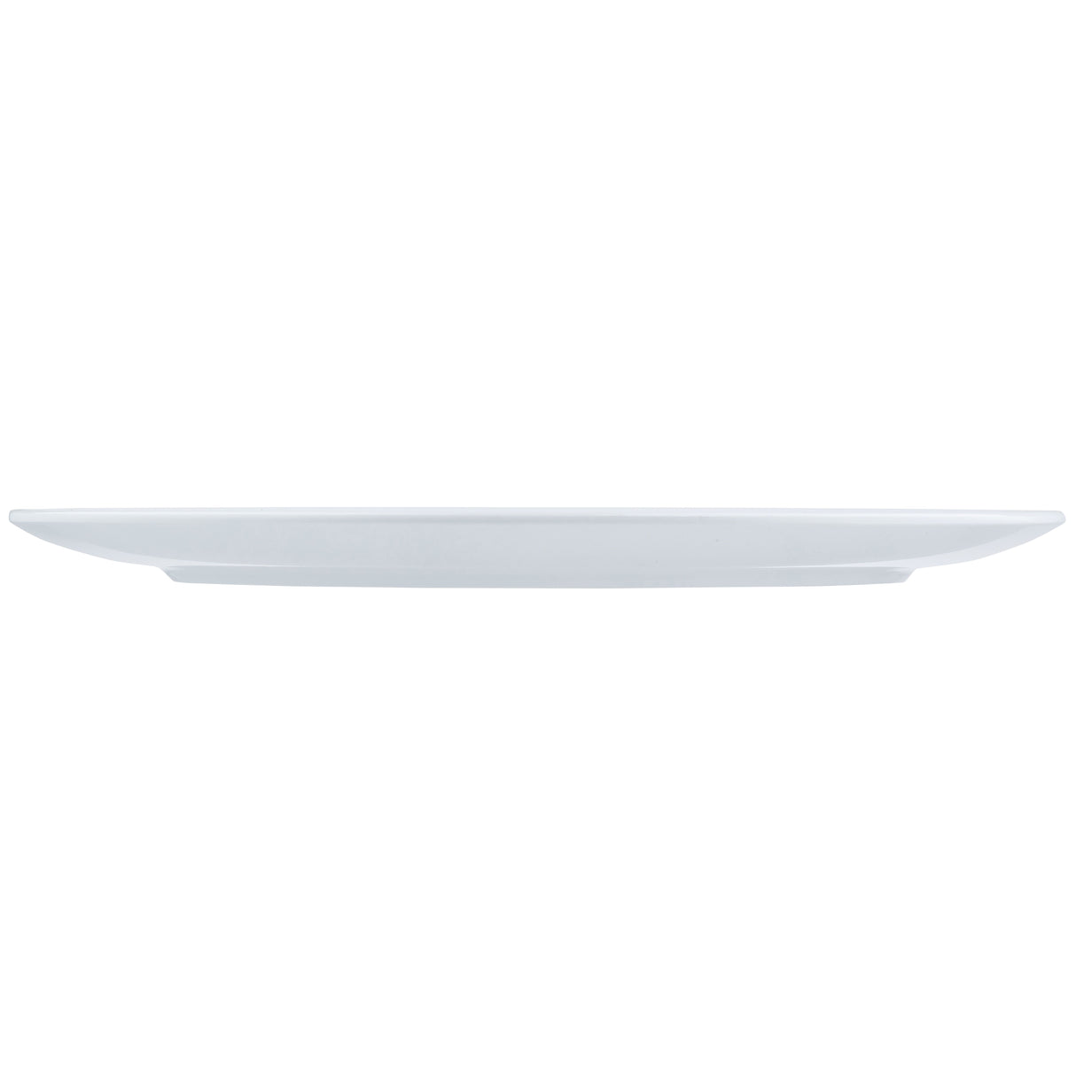 A plain, empty white plate from the Sierra Collection is shown from the side against a white background. This melamine serving platter features a round shape with a gentle upward curve, highlighting its thin, minimalist design.