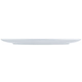 A plain, empty white plate from the Sierra Collection is shown from the side against a white background. This melamine serving platter features a round shape with a gentle upward curve, highlighting its thin, minimalist design.