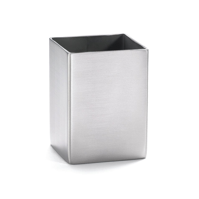 A rectangular, stainless steel container with smooth, brushed surfaces, sharp edges, and an open top stands upright on a white background. Its clean, minimalist design makes it ideal as a sugar packet holder or small organizer.