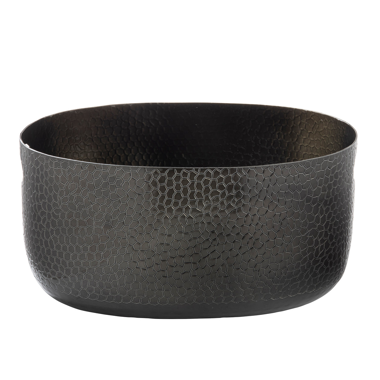 A round, deep, black aluminum bowl with a textured, hammered pattern covering its exterior and interior. The bowl has smooth edges and a matte finish, giving it a modern, minimalist appearance perfect for the Crackle Collection.