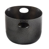 A round, black aluminum beverage tub with a hammered, hexagonal textured pattern. Part of the Crackle Collection, it features two oval cut-out handles for easy carrying and a matching dark metallic finish inside and out.