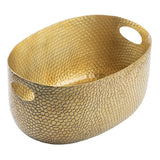 An oval-shaped, gold powder coated aluminum basket with a textured, scale-like surface. Featuring two oval cut-out handles on opposite sides, this shiny beverage tub has matching textured patterns inside and out for a sleek, cohesive look.