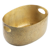 An oval-shaped, gold powder coated aluminum basket with a textured, scale-like surface. Featuring two oval cut-out handles on opposite sides, this shiny beverage tub has matching textured patterns inside and out for a sleek, cohesive look.