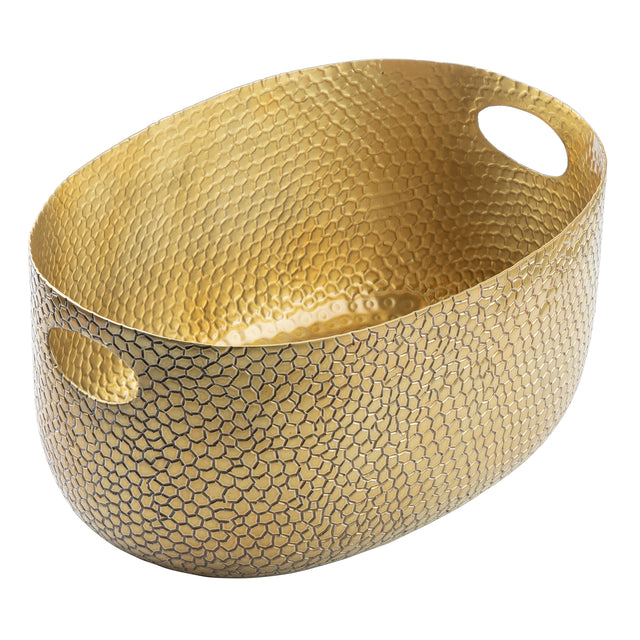 An oval-shaped, gold powder coated aluminum basket with a textured, scale-like surface. Featuring two oval cut-out handles on opposite sides, this shiny beverage tub has matching textured patterns inside and out for a sleek, cohesive look.