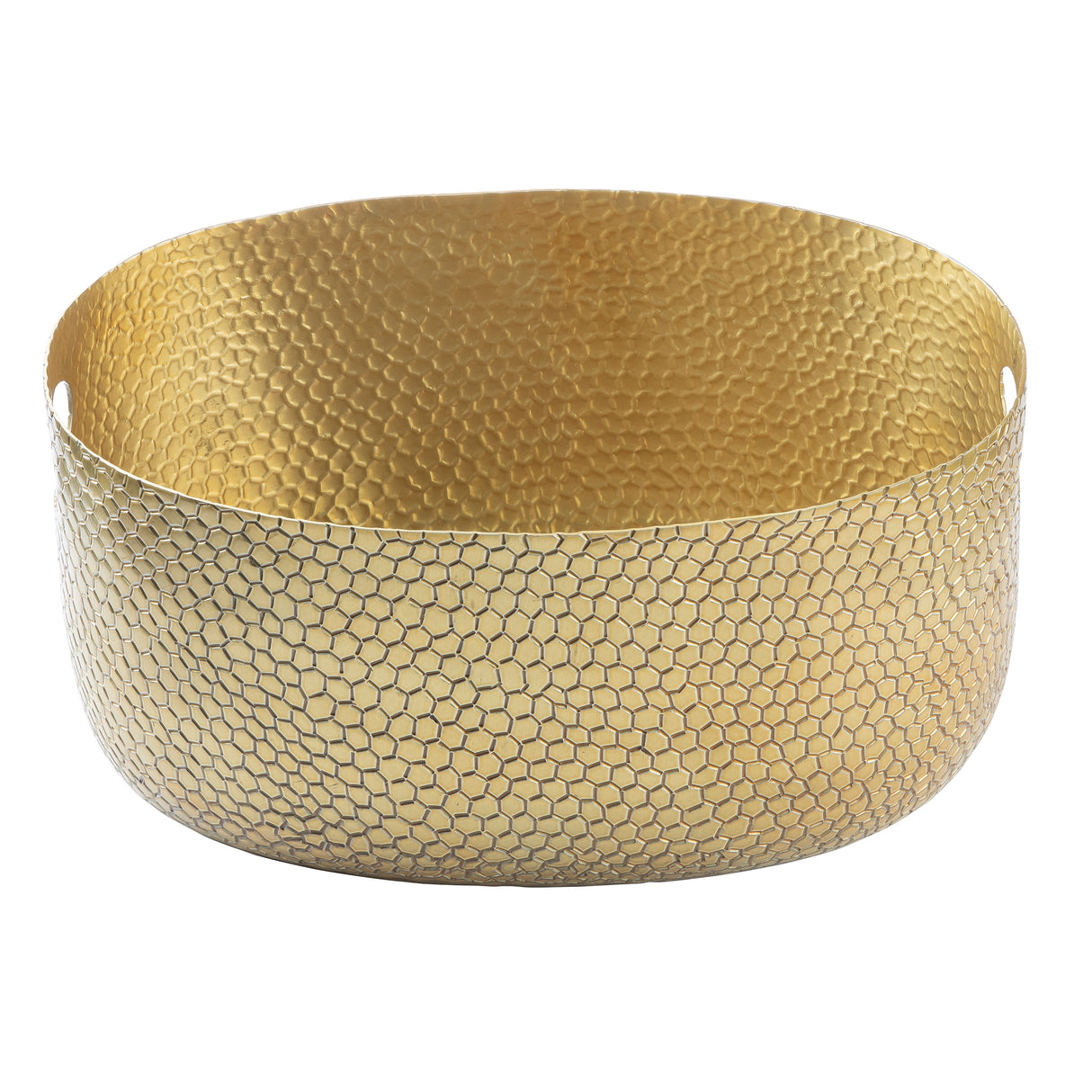 A round, gold powder coated aluminum basket with a hammered texture and a honeycomb pattern. Featuring tall, slightly flared sides and small circular cut-out handles near the rim, this stylish piece doubles as an elegant beverage tub for any occasion.