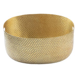 A round, gold powder coated aluminum basket with a hammered texture and a honeycomb pattern. Featuring tall, slightly flared sides and small circular cut-out handles near the rim, this stylish piece doubles as an elegant beverage tub for any occasion.