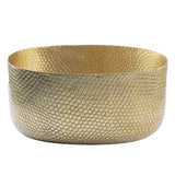 A round, shallow aluminum bowl with a hammered, honeycomb-like textured surface. Both interior and exterior feature the gold powder coated finish, creating a decorative and reflective look. The rim is smooth and slightly uneven.
