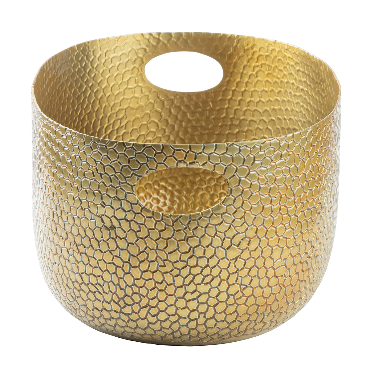 A round, gold powder coated aluminum basket with a hammered, textured surface features open oval handles on each side. The shiny finish and honeycomb pattern give this beverage tub a modern touch, with no additional decorations or contents inside.