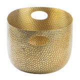 A round, gold powder coated aluminum basket with a hammered, textured surface features open oval handles on each side. The shiny finish and honeycomb pattern give this beverage tub a modern touch, with no additional decorations or contents inside.