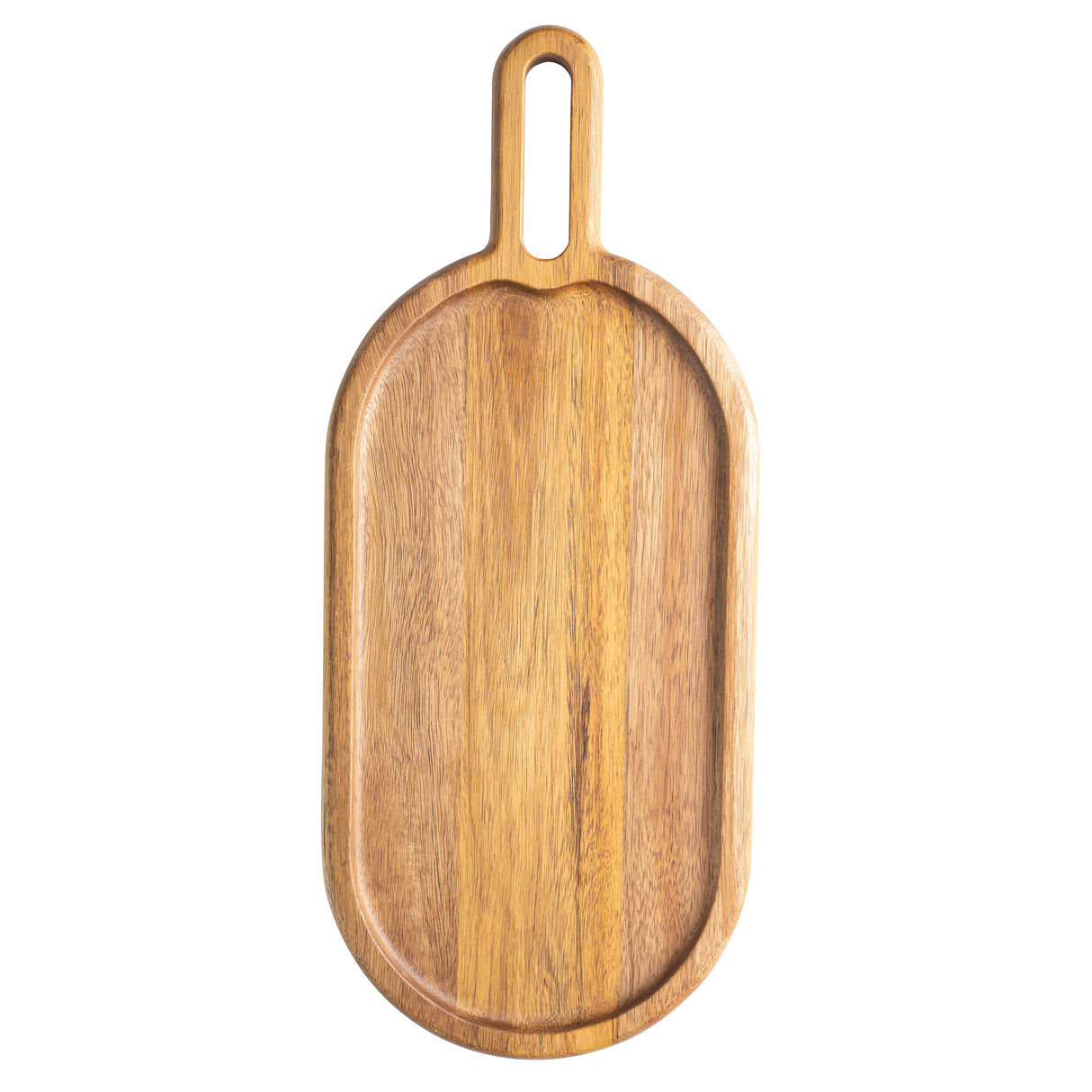 An oval Acacia Wood Tray from the TableCraft Acacia Collection with a raised edge and elongated handle featuring a cut-out hole, photographed on a white background. The wood showcases a natural, warm brown tone with visible grain patterns.