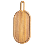 An oval Acacia Wood Tray from the TableCraft Acacia Collection with a raised edge and elongated handle featuring a cut-out hole, photographed on a white background. The wood showcases a natural, warm brown tone with visible grain patterns.