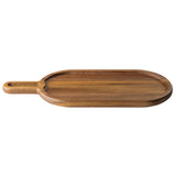 A wooden Acacia Serving Tray with an oval shape and a short handle on the left side. Featuring a smooth surface with visible wood grain, slightly raised edges, and a small cutout at the handle’s end. The background is plain white.