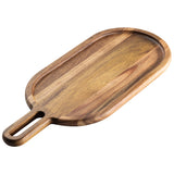 An Acacia serving board with an oval shape, smooth surface, and recessed inner area. Crafted from quality acacia wood, it features a short handle with an elongated cutout for easy gripping. Natural brown and tan wood grain shine against the plain white background.