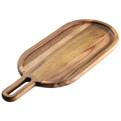 An Acacia serving board with an oval shape, smooth surface, and recessed inner area. Crafted from quality acacia wood, it features a short handle with an elongated cutout for easy gripping. Natural brown and tan wood grain shine against the plain white background.