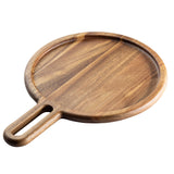 A round acacia serving board with a slightly raised edge and a handle featuring a long oval cutout, displayed on a white background. The wood serving board has a smooth finish and visible natural grain patterns.