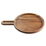 A round Acacia Serving Board with a smooth finish, featuring a raised rim and an attached handle with an elongated hole for easy gripping or hanging. The visible acacia wood grain adds a natural, rustic look to this TableCraft board.