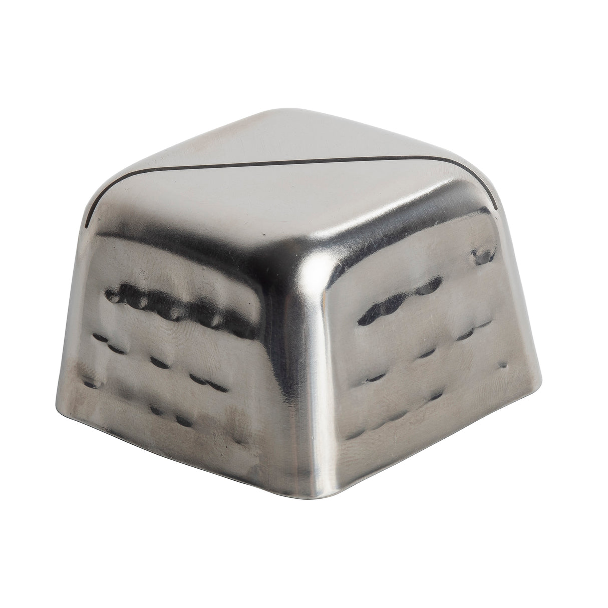 A square, stainless steel object with rounded edges and corners. The shiny, reflective surface features a hammered texture on the sides and a smooth, slightly domed top. The metal card holder rests on a white background.
