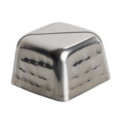 A square, stainless steel object with rounded edges and corners. The shiny, reflective surface features a hammered texture on the sides and a smooth, slightly domed top. The metal card holder rests on a white background.