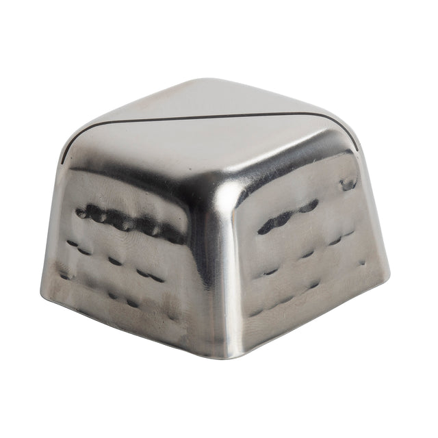 A square, stainless steel object with rounded edges and corners. The shiny, reflective surface features a hammered texture on the sides and a smooth, slightly domed top. The metal card holder rests on a white background.