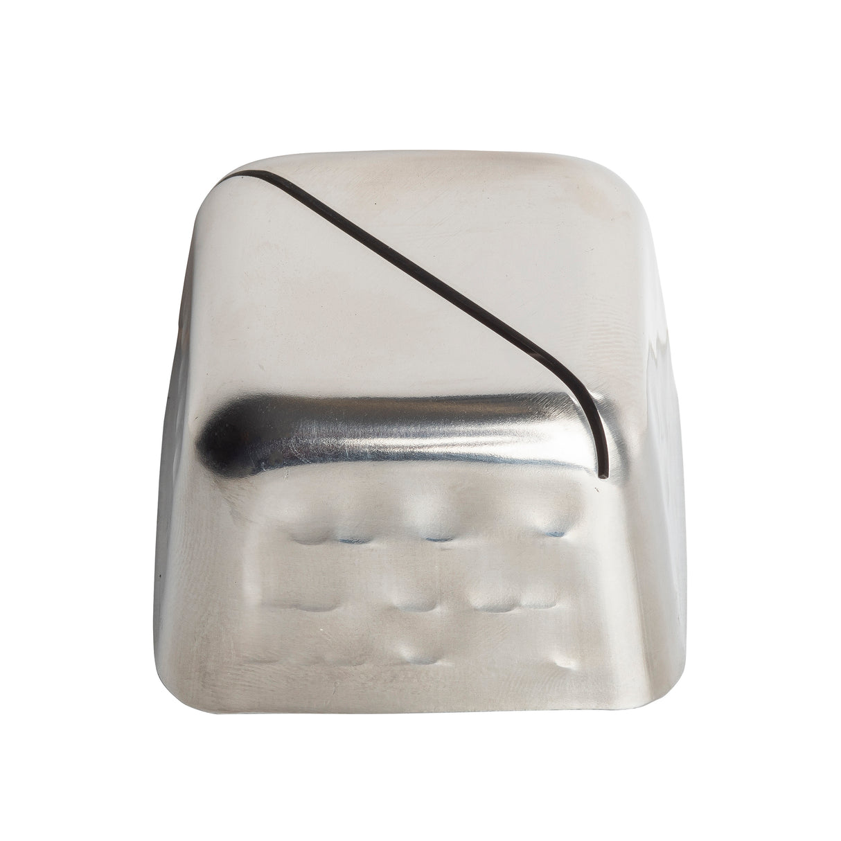 A shiny, rectangular stainless steel card holder with rounded edges and a diagonal groove across the top. Its reflective surface features a series of small, raised rectangular bumps on one side against a plain white background.