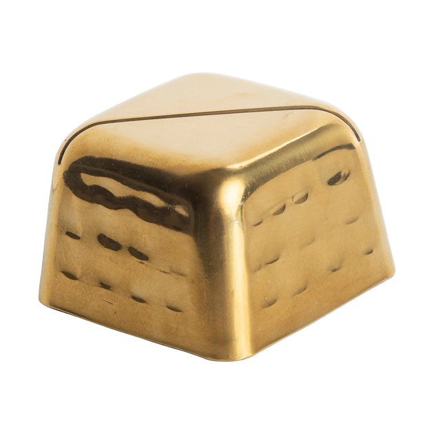 A shiny, gold-colored card holder with smoothly rounded edges and corners. Slightly domed on top with a faint diagonal line, it features subtle rectangular impressions along the sides, resembling a decorative chocolate made from stainless steel.