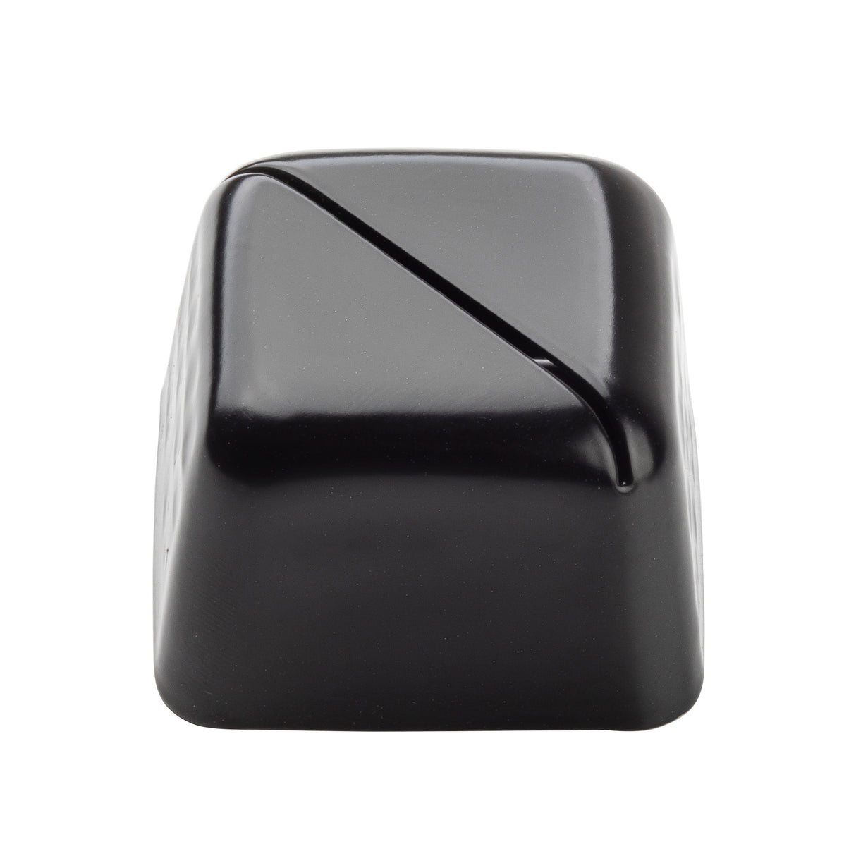 A single black keyboard keycap with a raised forward slash (/) symbol, viewed from the front on a white background. The keycap has a smooth, glossy surface with slightly rounded edges, reminiscent of stainless steel accessories.