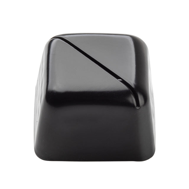 A single black keyboard keycap with a raised forward slash (/) symbol, viewed from the front on a white background. The keycap has a smooth, glossy surface with slightly rounded edges, reminiscent of stainless steel accessories.