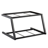 A black, metal, two-tiered frame rack stand with an angled design. Open sides and horizontal support bars on each level create spaces for holding items like wood crates or Gastronorm full size trays. The look is minimalistic and industrial.