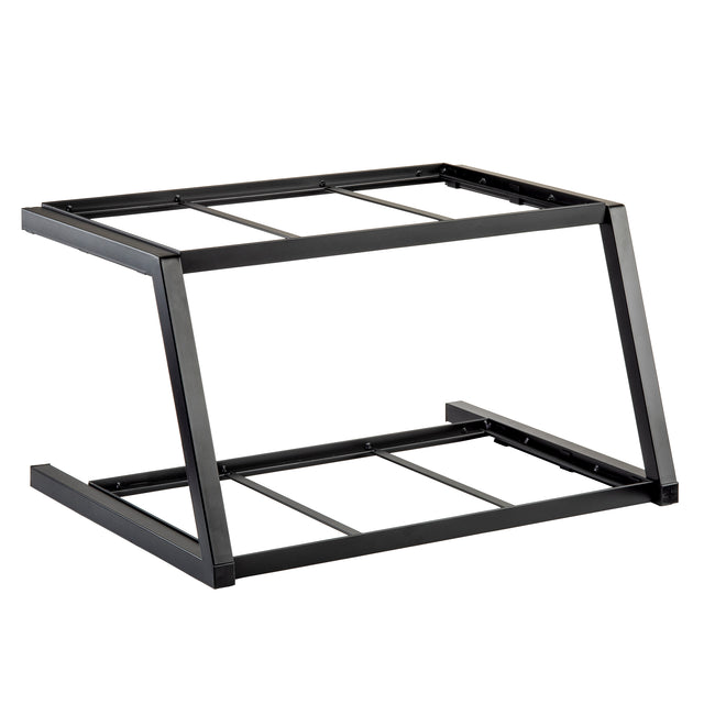 A black, metal, two-tiered frame rack stand with an angled design. Open sides and horizontal support bars on each level create spaces for holding items like wood crates or Gastronorm full size trays. The look is minimalistic and industrial.
