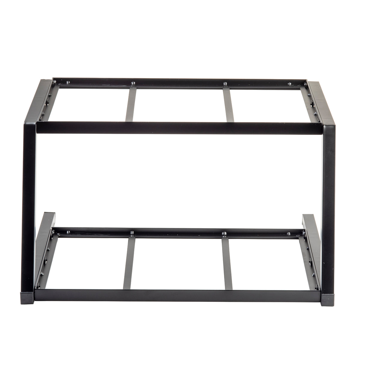 A rectangular, black metal Grab & Go Two-Tiered Frame by TableCraft Products features two parallel levels with three horizontal support bars per level, designed to hold Gastronorm Full Size storage bins or equipment, open on all sides for easy access.