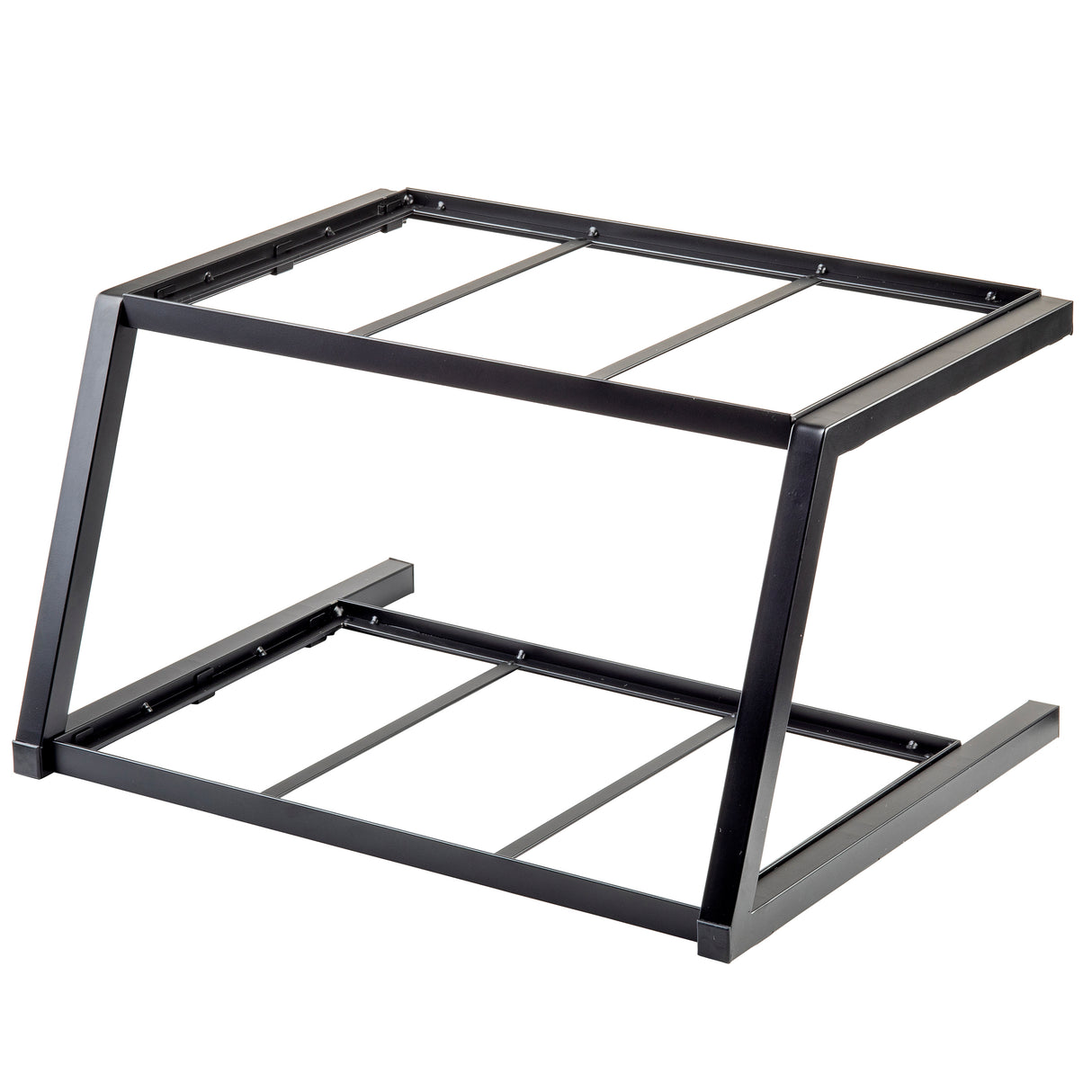 A black metal Grab & Go Two-Tiered Frame with a rectangular base and top, connected by angled side supports; designed to hold equipment like a DJ controller or laptop at an elevated, tilted position. Open frame with horizontal bars for support.
