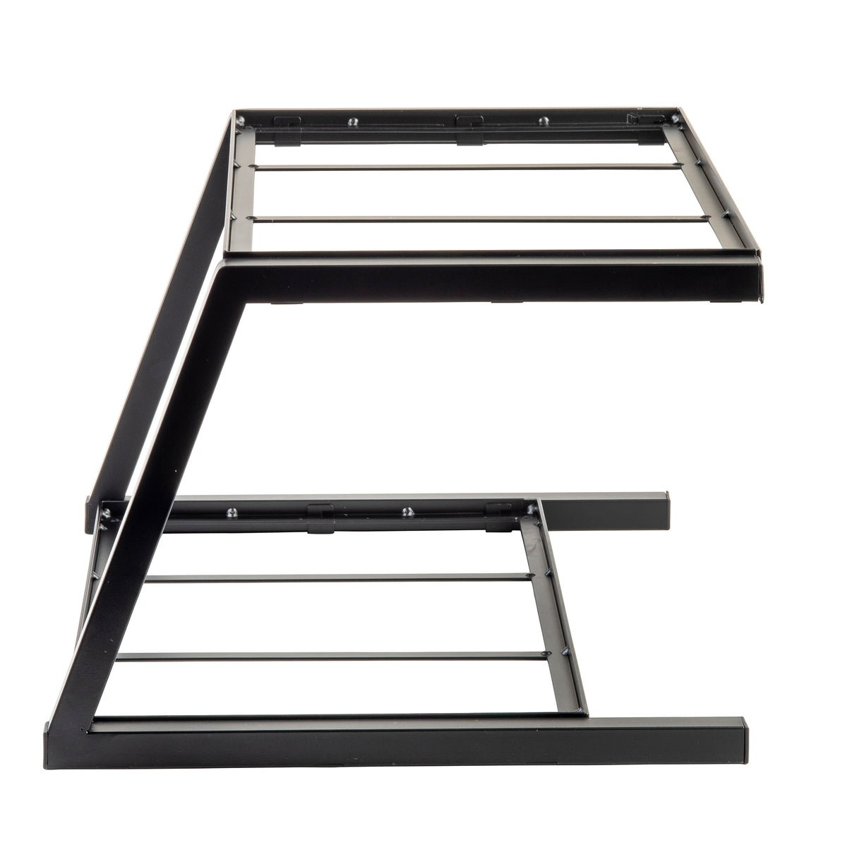 Side view of a black, metal, Z-shaped Grab & Go Two-Tiered Frame with two horizontal platforms—ideal for supporting electronic devices like DJ equipment or laptops—features an open-frame design inspired by TableCraft Products.