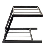 Side view of a black, metal, Z-shaped Grab & Go Two-Tiered Frame with two horizontal platforms—ideal for supporting electronic devices like DJ equipment or laptops—features an open-frame design inspired by TableCraft Products.