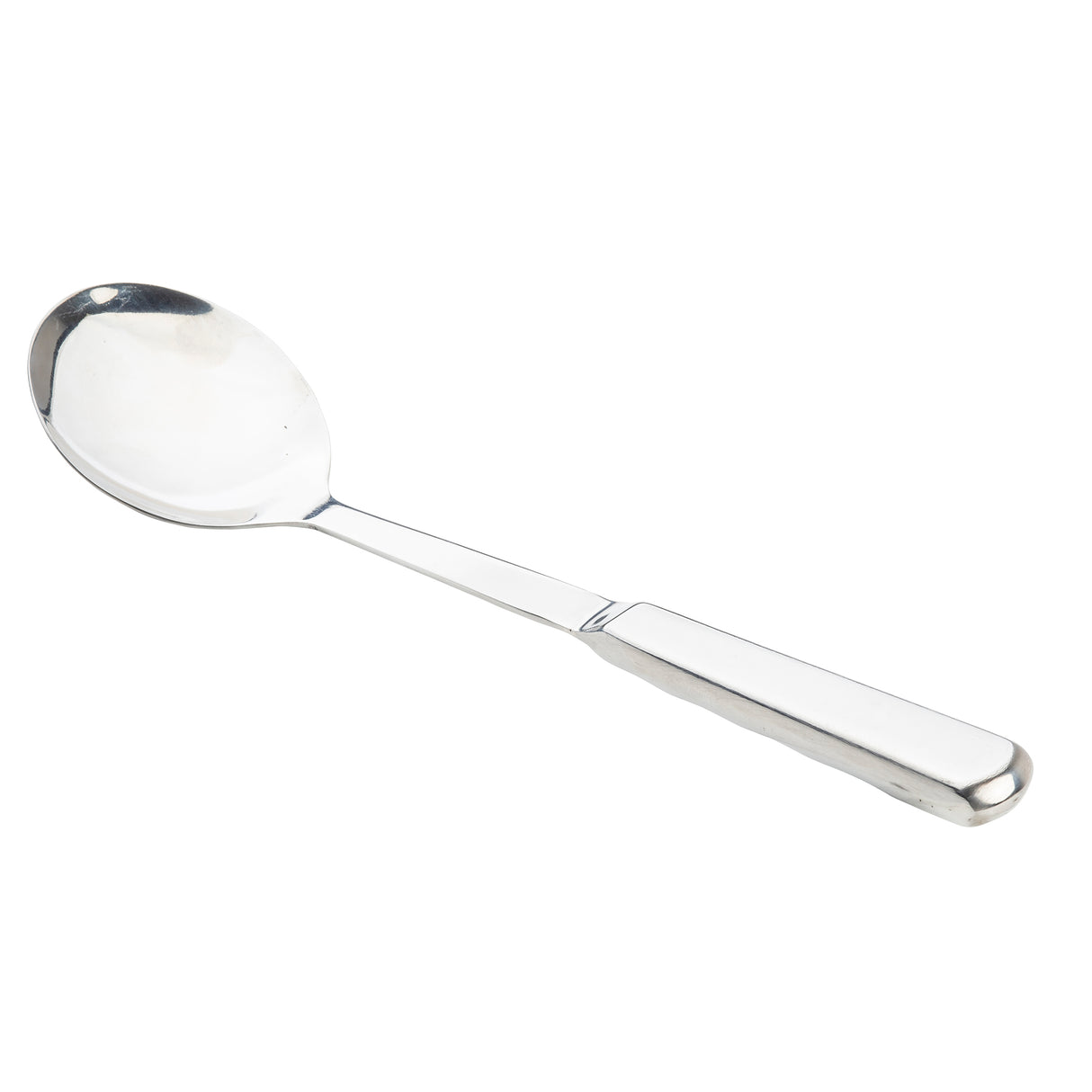 A shiny stainless steel spoon from the TableCraft Products Holden Collection features a rounded bowl and straight, flat handle. Against a white background, its reflective surface and simple, modern design are highlighted.