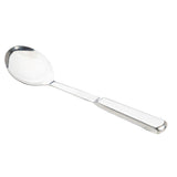 A shiny stainless steel spoon from the TableCraft Products Holden Collection features a rounded bowl and straight, flat handle. Against a white background, its reflective surface and simple, modern design are highlighted.