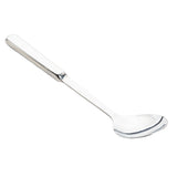 A shiny TableCraft Products stainless steel spoon from the Holden Collection features a long, straight handle and a shallow oval bowl. Shown diagonally against a white background, the handle is at the top left and the bowl at the bottom right.