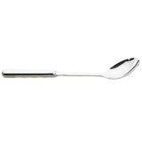 A shiny Holden Collection Solid Spoon with a slightly curved oval bowl and flat, straight handle lies on a white background. The stainless steel spoon features subtle grip indentations, and its reflective surface displays minimal light glints.