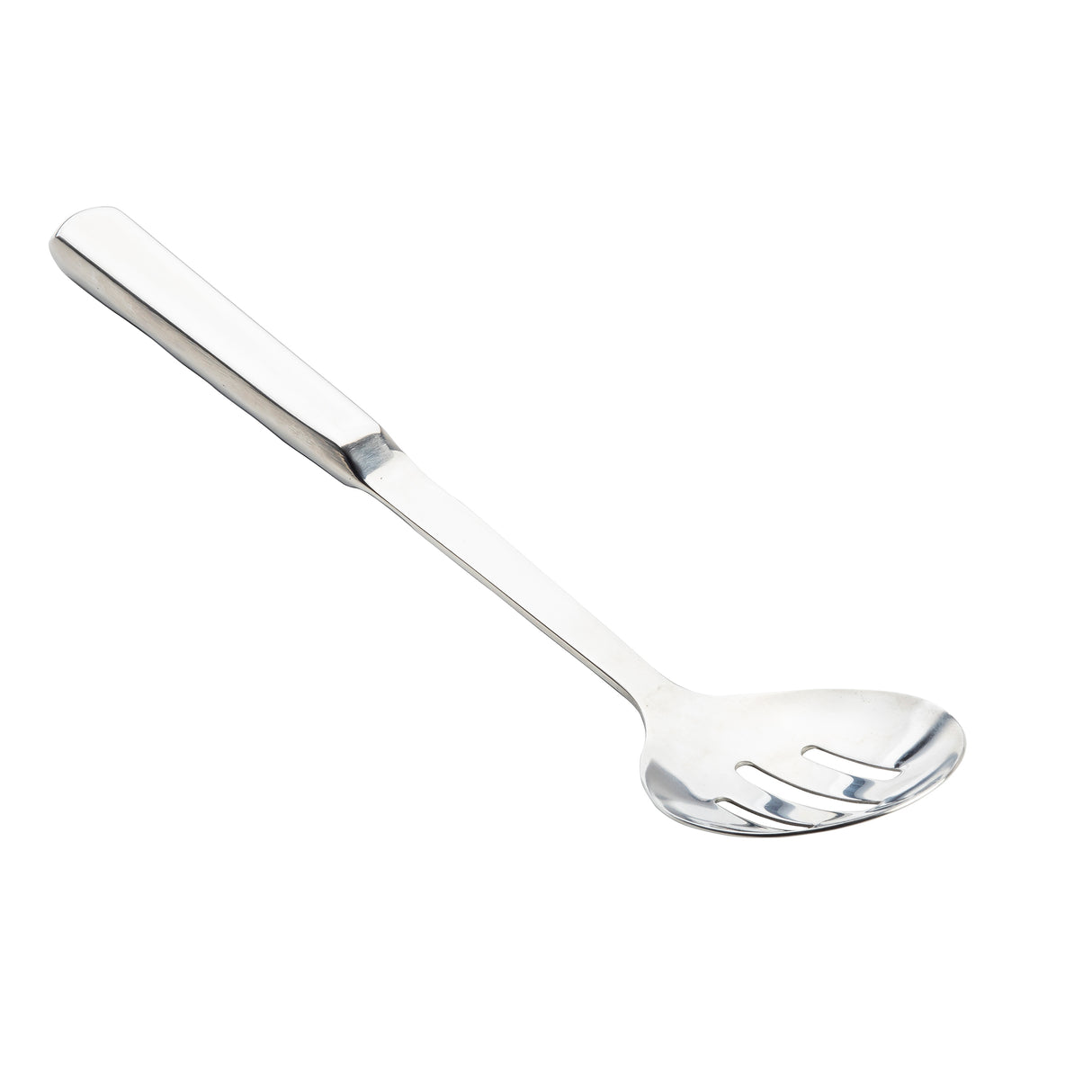 A TableCraft 11627 stainless steel slotted spoon with a flat handle is shown on a white background. The head features three long slots to drain liquids while serving food. The spoon from the Holden Collection is angled slightly to the right.