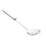 A TableCraft 11627 stainless steel slotted spoon with a flat handle is shown on a white background. The head features three long slots to drain liquids while serving food. The spoon from the Holden Collection is angled slightly to the right.