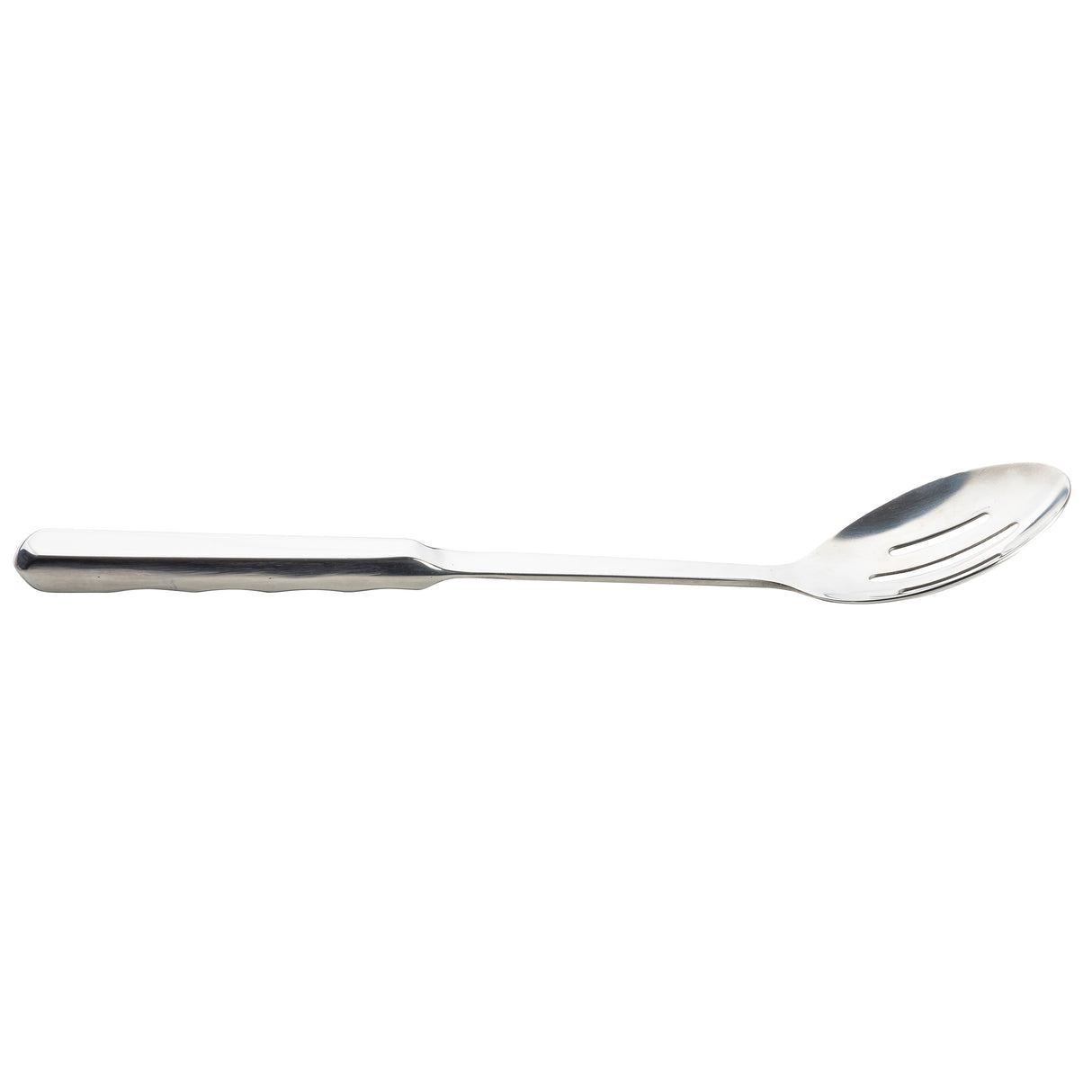 A stainless steel slotted spoon from the Holden Collection features a long, slightly curved handle and three narrow slots in the oval-shaped bowl, designed for lifting and draining foods. The background is plain white.