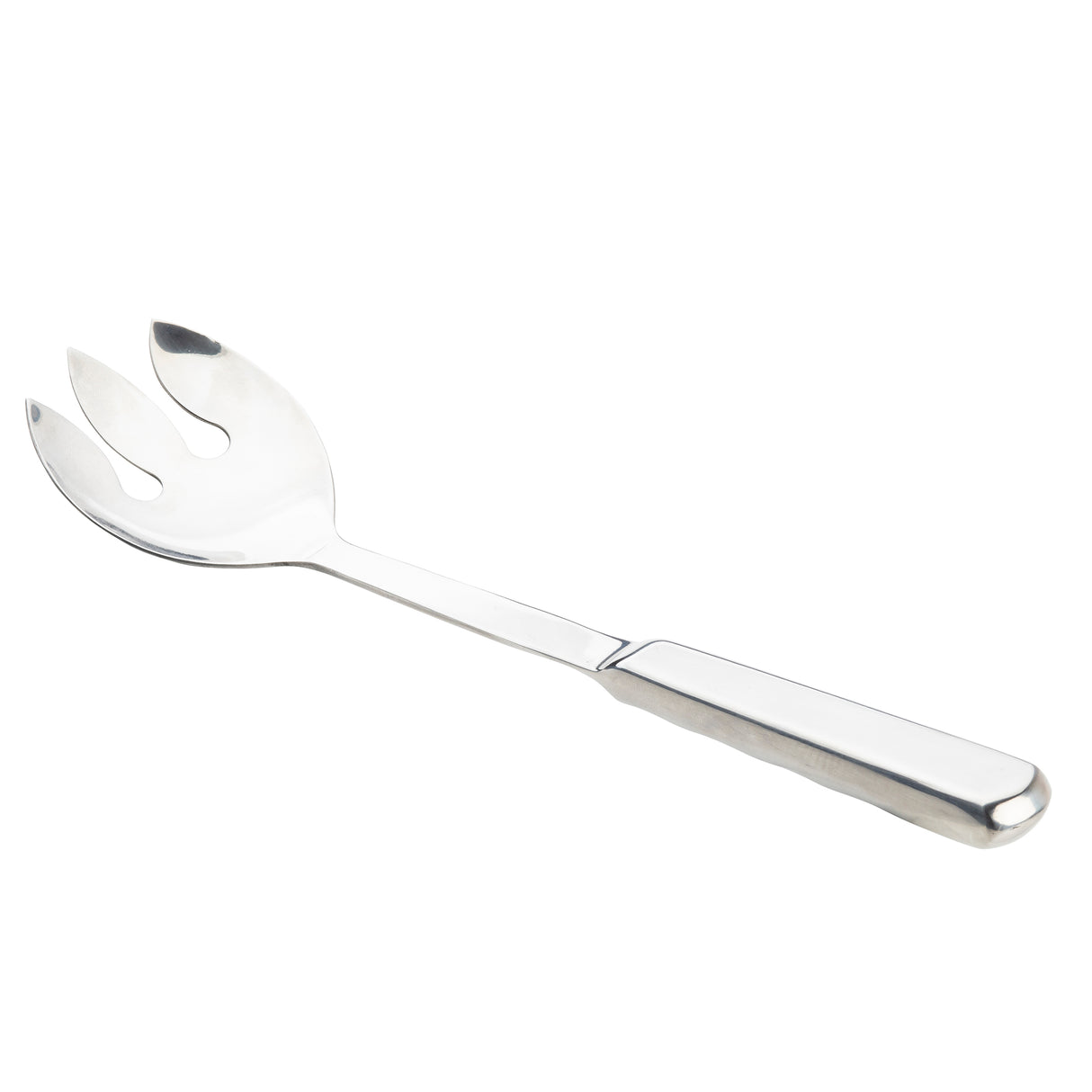 A TableCraft Holden Collection stainless steel notched spoon features a long, flat handle and a wide, shallow, slotted head with two prongs—perfect for serving salad. The background is plain white.